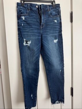 American Eagle Outfitters Curvy Hi-Rise Medium/Dark Blue Distressed Jeggings